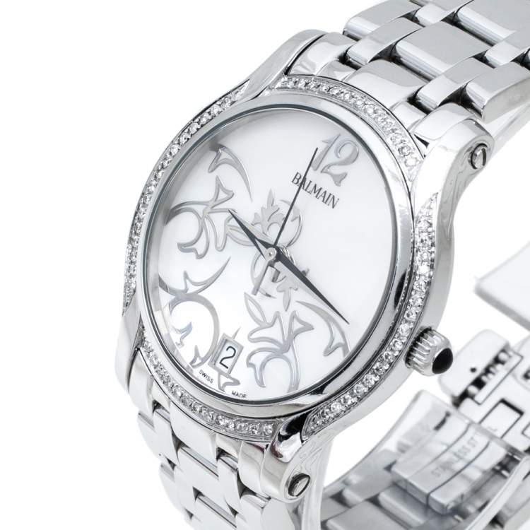 Pre Owned Balmain Mother Of Pearl Stainless Steel Diamond Fairy Arabesques 3751 Women's Wristwatch 34 mm