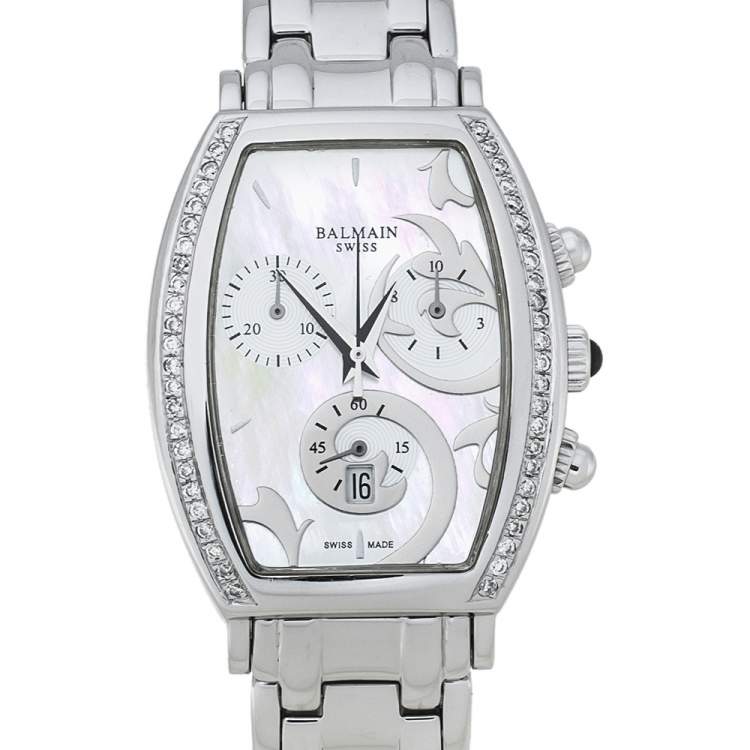 Pre Owned Balmain White Mother of Pearl Stainless Steel Arcade Chronograph Women's Wristwatch 30 mm