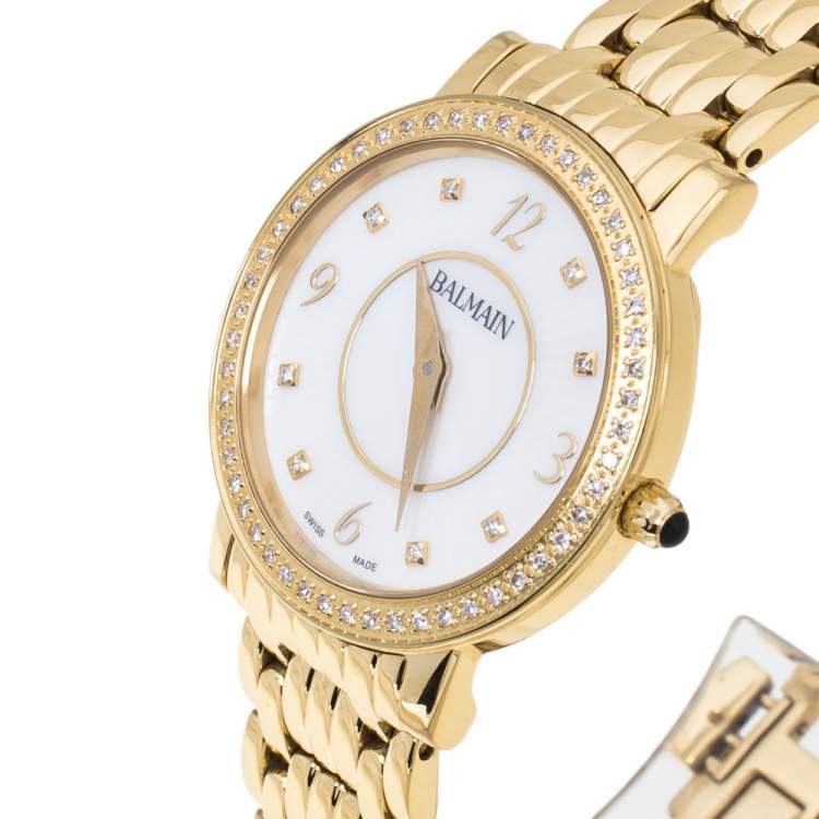 Pre Owned Balmain MOP Yellow Gold Plated Stainless Steel Diamond Elegance Chic Mini B1693.33.84 Women's Wristwatch 29 mm