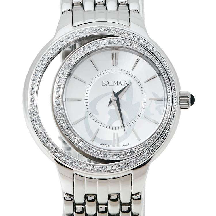 Pre Owned Balmain Silver Stainless Steel Diamond Eclipse 3291 Women's Wristwatch 34 mm