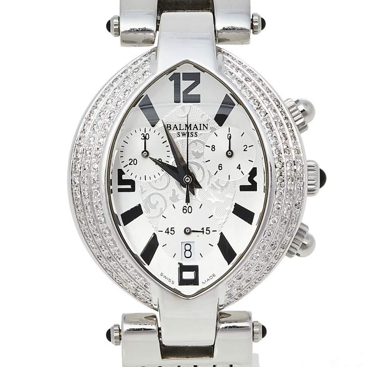 Pre Owned Balmain Silver Stainless Steel Diamond Chronograph Excessive 5831 Women's Wristwatch 32 mm