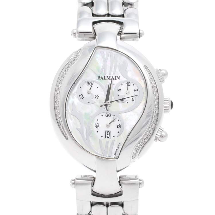 Pre Owned Balmain Mother of Pearl Stainless Steel Diamonds Excessive Chrono 5655 Women's Wristwatch 34 mm