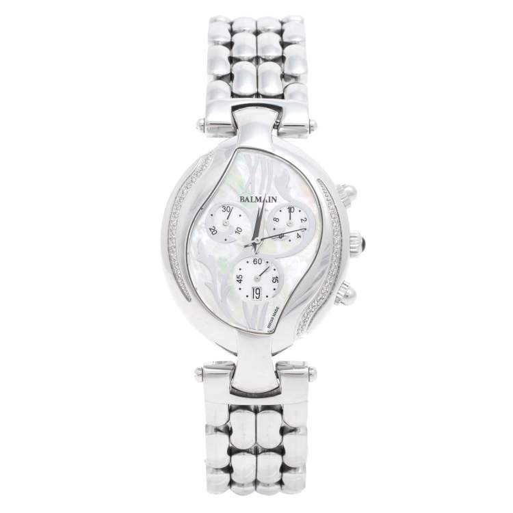 Pre Owned Balmain Mother of Pearl Stainless Steel Diamonds Excessive Chrono 5655 Women's Wristwatch 34 mm