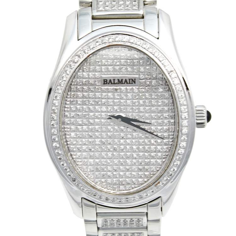 Pre Owned Balmain Silver Stainless Steel Diamond Oval 2671 Women's Wristwatch 32 mm