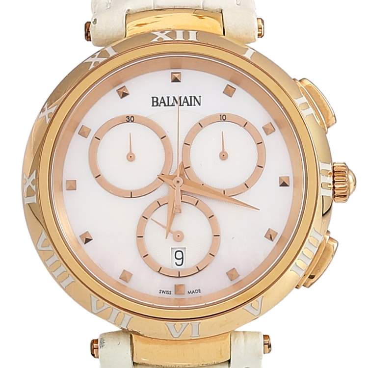 Pre Owned Balmain Mother of Pearl Rose Gold Plated Stainless Steel Leather Classica 5079 Women's Wristwatch 38 mm