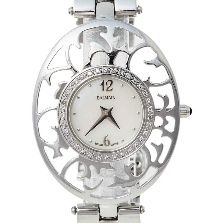 Pre Owned Balmain Mother of Pearl Stainless Steel Diamonds Arabesques Bijou 3075 Women's Wristwatch 32 mm