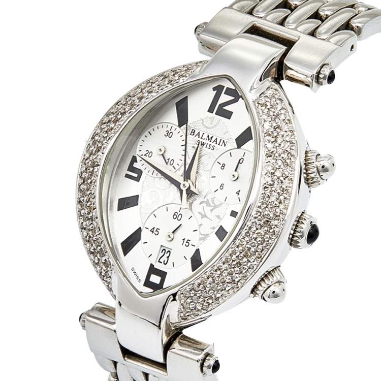 Pre Owned Balmain Silver Stainless Steel Diamond Chronograph Excessive 5831 Women's Wristwatch 32 mm