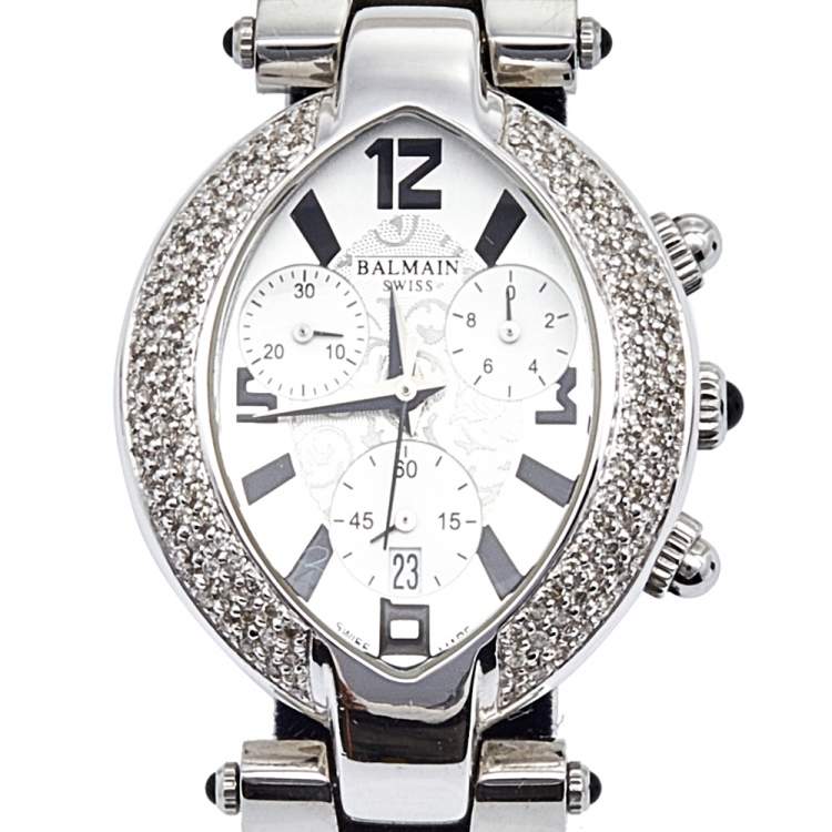 Pre Owned Balmain Silver Stainless Steel Diamond Chronograph Excessive 5831 Women's Wristwatch 32 mm