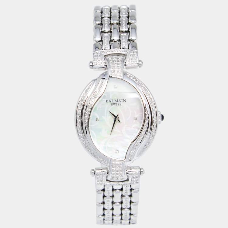 Pre Owned Balmain Mother of Pearl Stainless Steel Diamond Excessive 5451 Women's Wristwatch 32 mm