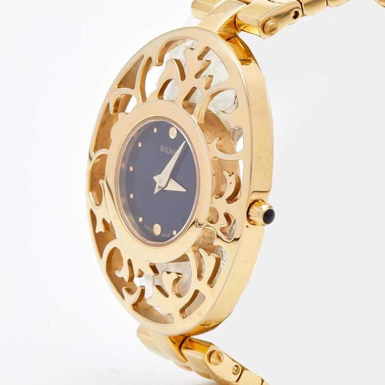 Pre Owned Balmain Black Gold Tone Stainless Steel Arabesques 3070 Women's Wristwatch 32 mm