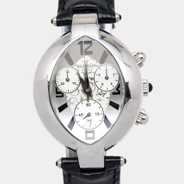 Pre Owned Balmain Silver Stainless Steel Leather Excessive 5831 Women's Wristwatch 32 mm
