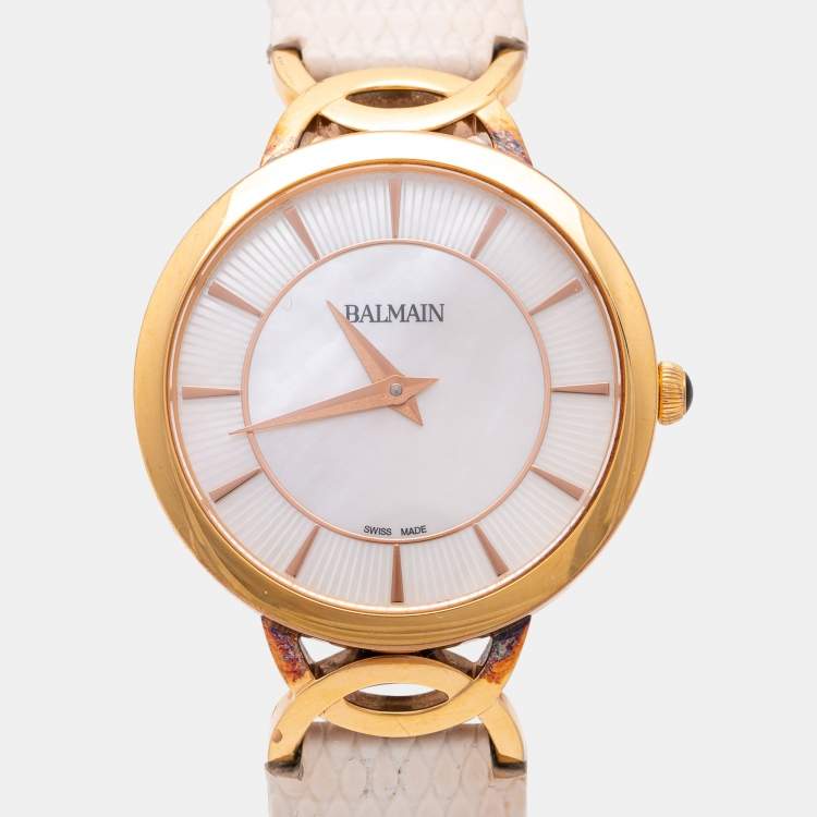 Pre Owned Balmain Mother of Pearl Rose Gold Plated Stainless Steel Leather Taffetas B3179.22.86 Women's Wristwatch 32 mm