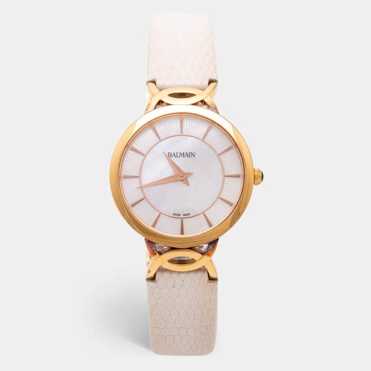 Pre Owned Balmain Mother of Pearl Rose Gold Plated Stainless Steel Leather Taffetas B3179.22.86 Women's Wristwatch 32 mm