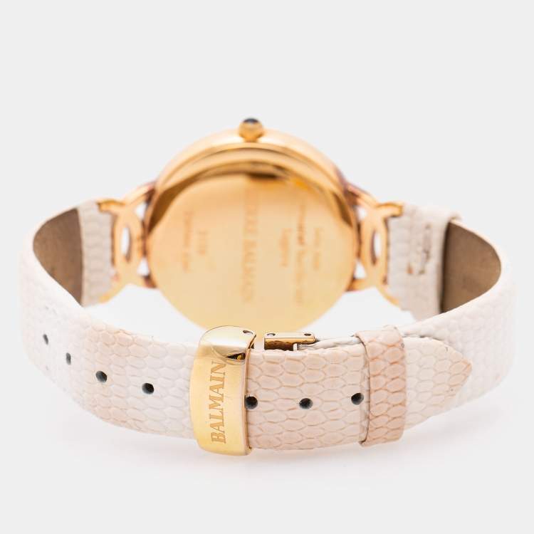 Pre Owned Balmain Mother of Pearl Rose Gold Plated Stainless Steel Leather Taffetas B3179.22.86 Women's Wristwatch 32 mm