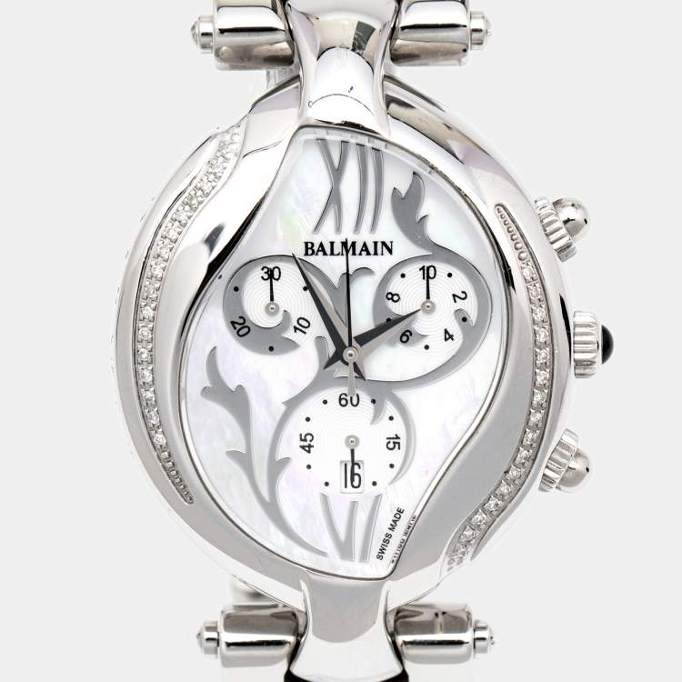 Pre Owned Balmain Mother of Pearl Stainless Steel Diamonds Excessive Chrono B5655.33.83 Women's Wristwatch 34 mm