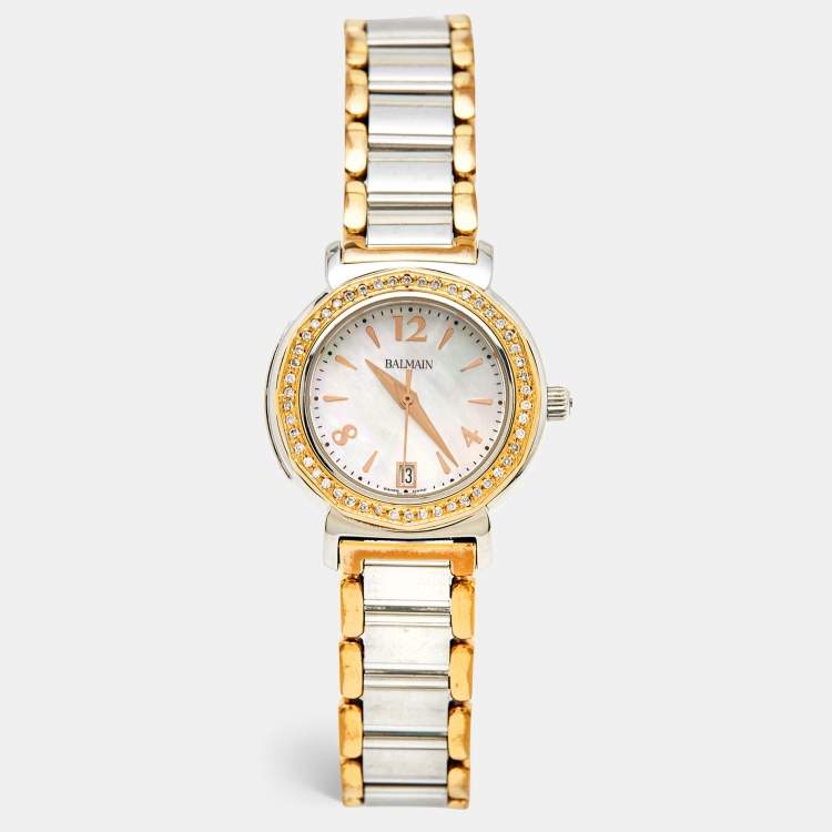 Pre Owned Balmain Mother of Pearl Two Tone Stainless Steel Madrigal B38983384 Women's Wristwatch 29 mm 