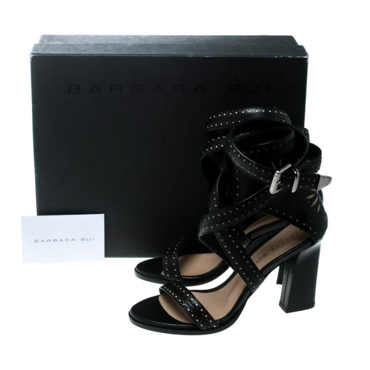 مملوكة مسبقًا Barbara Bui Black Laser Cut Motif Perforated Leather Ankle Cuff Strappy Block Heel Sandals Size 37