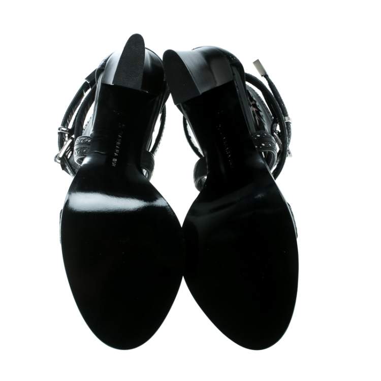 مملوكة مسبقًا Barbara Bui Black Laser Cut Motif Perforated Leather Ankle Cuff Strappy Block Heel Sandals Size 37