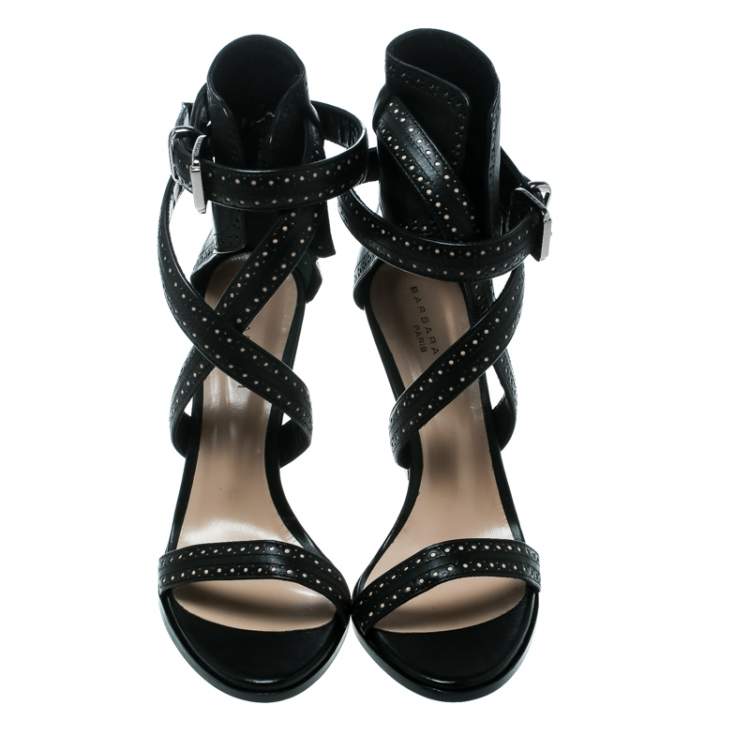 مملوكة مسبقًا Barbara Bui Black Laser Cut Motif Perforated Leather Ankle Cuff Strappy Block Heel Sandals Size 37