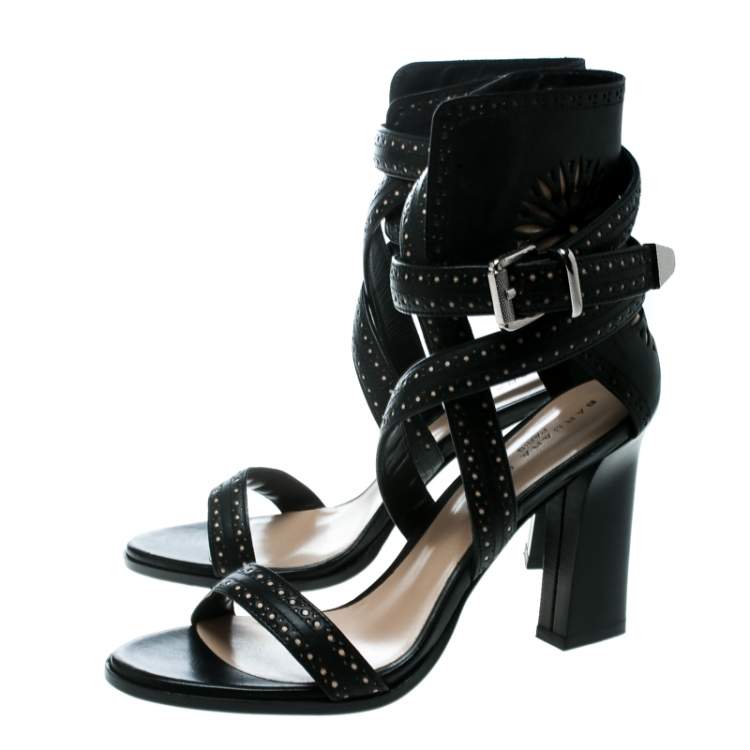 مملوكة مسبقًا Barbara Bui Black Laser Cut Motif Perforated Leather Ankle Cuff Strappy Block Heel Sandals Size 37