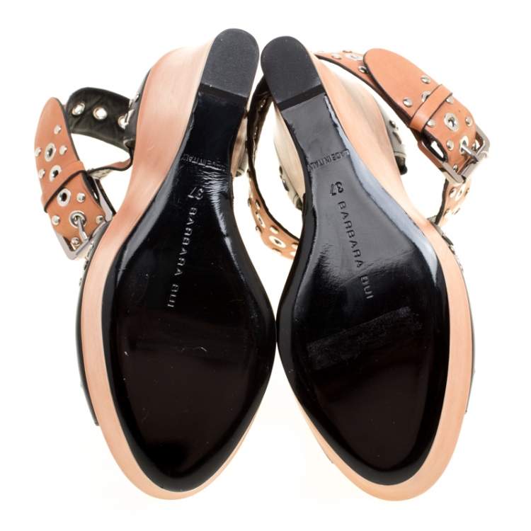 Pre Owned Barbara Bui Black/Brown Stud Eyelet Embellished Ankle Wrap Wedge Sandals Size 37
