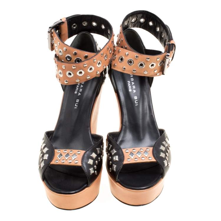 Pre Owned Barbara Bui Black/Brown Stud Eyelet Embellished Ankle Wrap Wedge Sandals Size 37