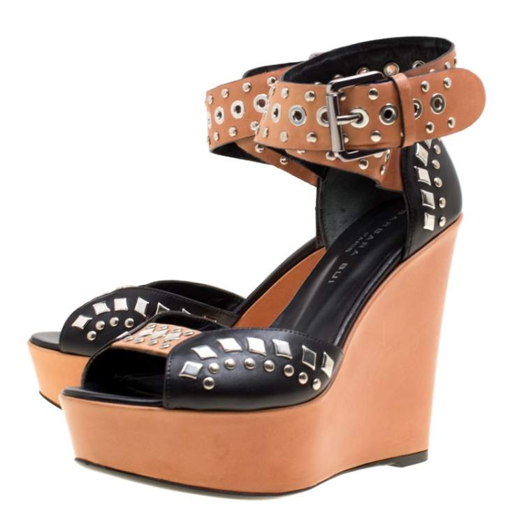 Pre Owned Barbara Bui Black/Brown Stud Eyelet Embellished Ankle Wrap Wedge Sandals Size 37