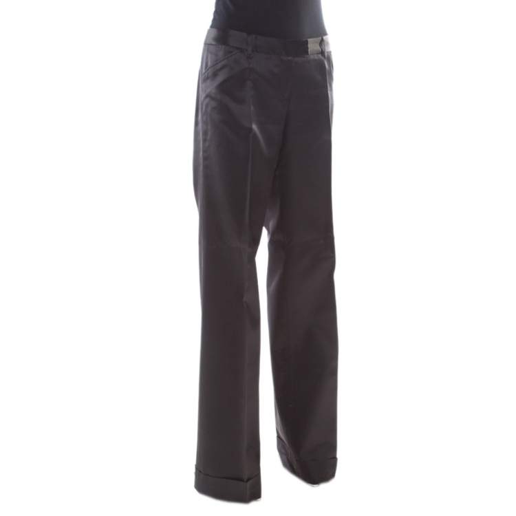 Pre Owned Barbara Bui Black Silk Wool Blend Pinstriped Wide Leg Trousers M