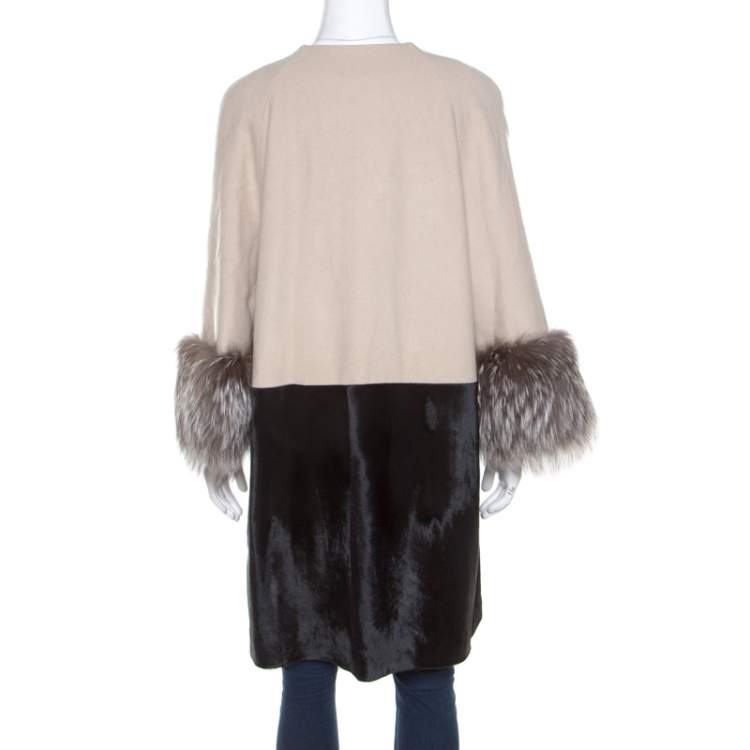 Pre Owned Barbara Bui Bicolor Cashmere Wool and Calf Hair Paneled Long Coat M