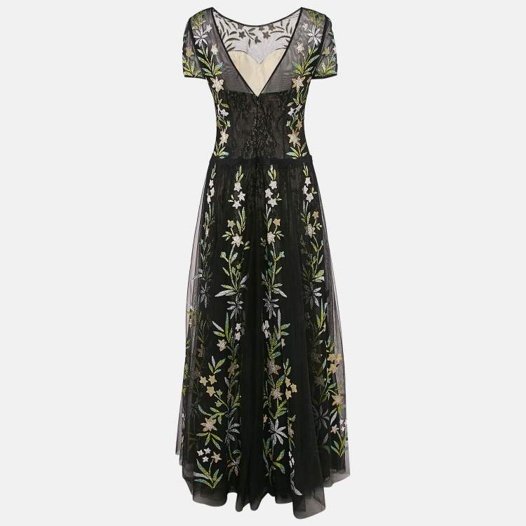 Pre Owned Basix Black Label Floral Embellished Tulle Gown M