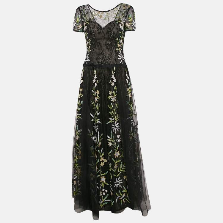 Pre Owned Basix Black Label Floral Embellished Tulle Gown M