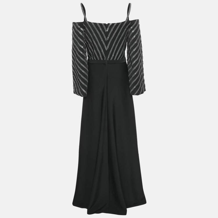 Pre Owned Basix Black Embellished Crepe Cold-Shoulder Gown M