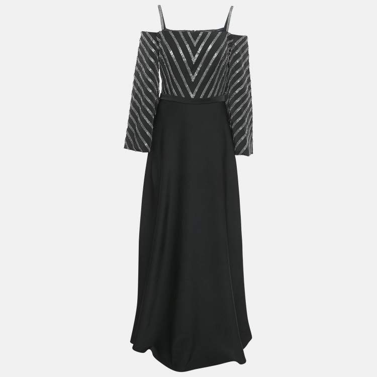 Pre Owned Basix Black Embellished Crepe Cold-Shoulder Gown M