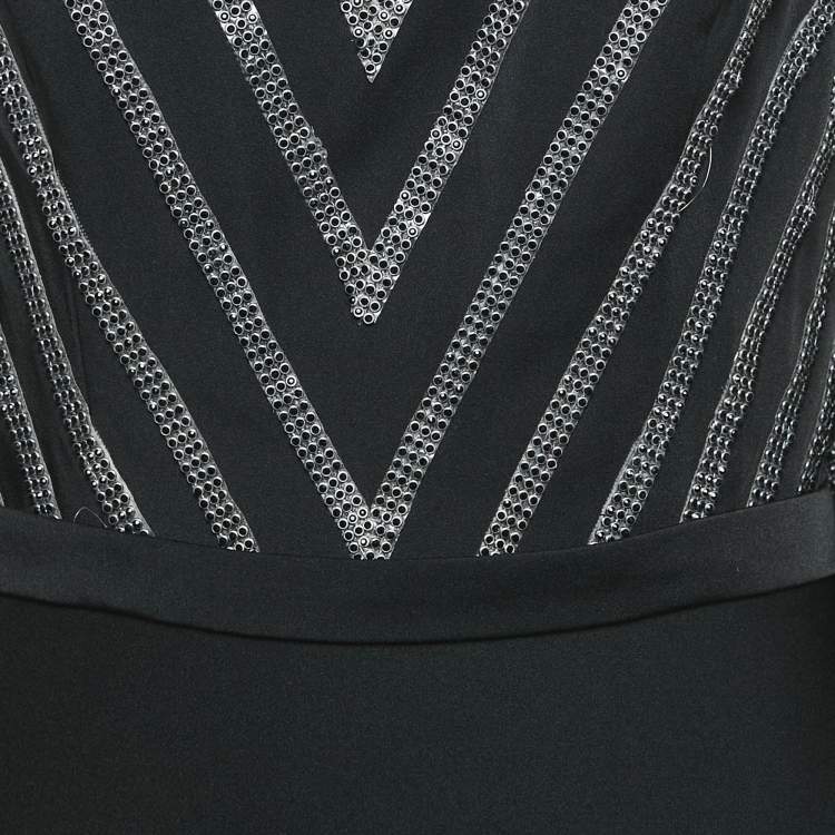 Pre Owned Basix Black Embellished Crepe Cold-Shoulder Gown M