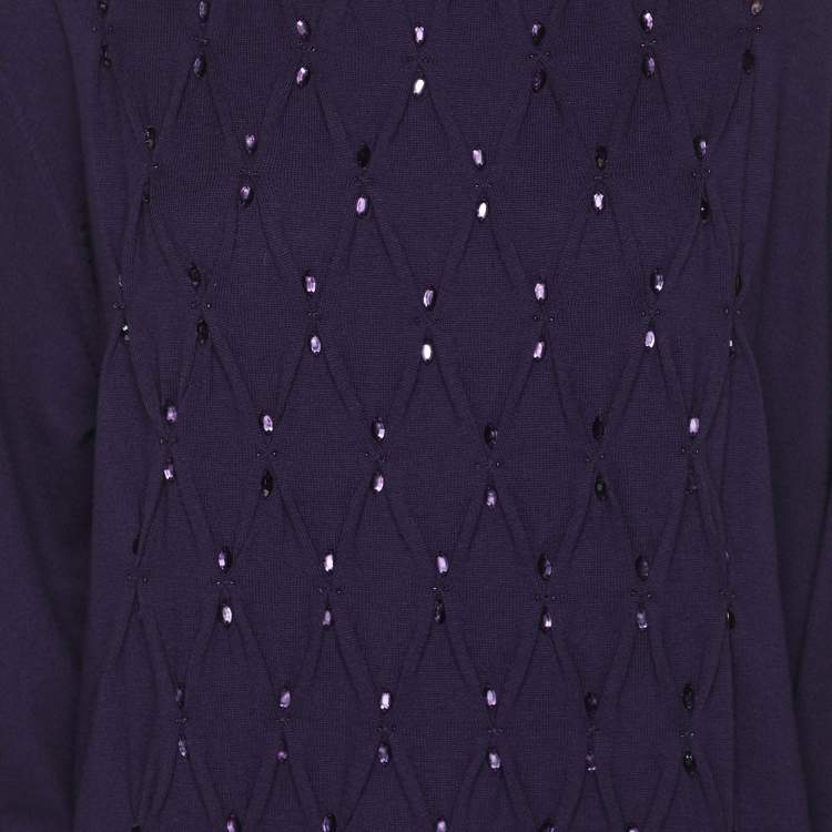 Pre Owned Basler Purple Stretch Knit Diamond Crystal Embellished Sweater XL