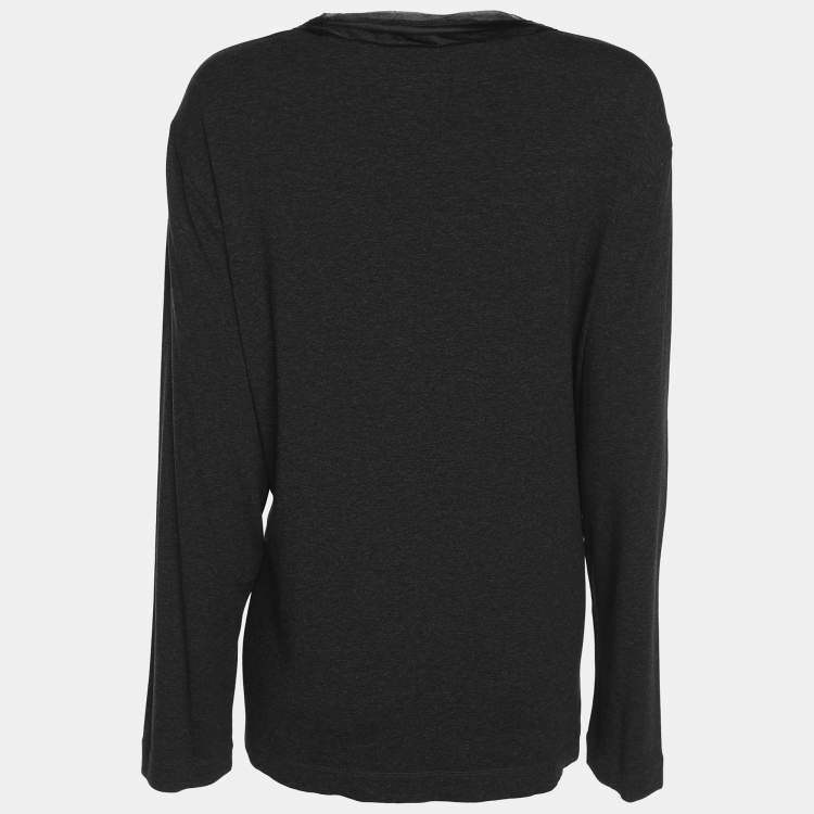 مملوكة مسبقًا Basler Dark Grey Stretch Knit Ribbon Embellished V Neck Shirt XL