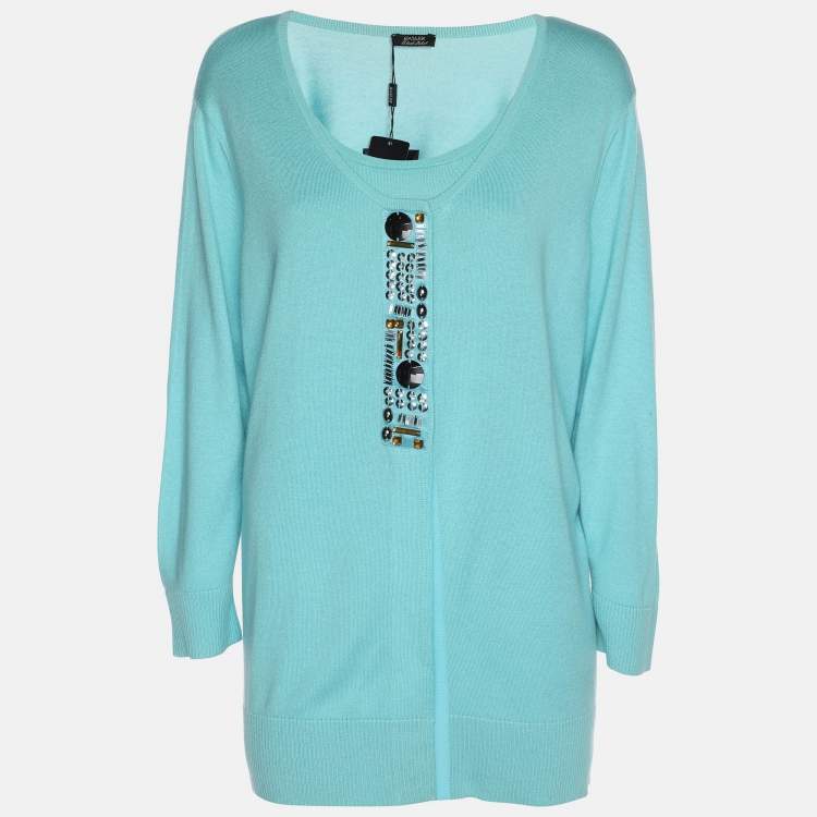 Pre Owned Basler Turquoise Stretch Knit Full Sleeve Shrug XL