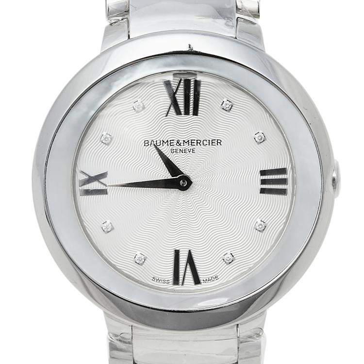 Pre Owned Baume & Mercier Silver Mother Of Pearl Stainless Steel Promesse 65762 Women's Wristwatch 34 mm