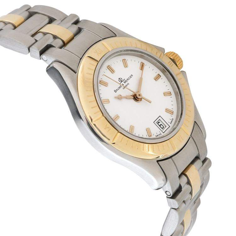 Pre Owned Baume & Mercier White 18K Yellow Gold And Stainless Steel Malibu MV045047 Women's Wristwatch 28 MM
