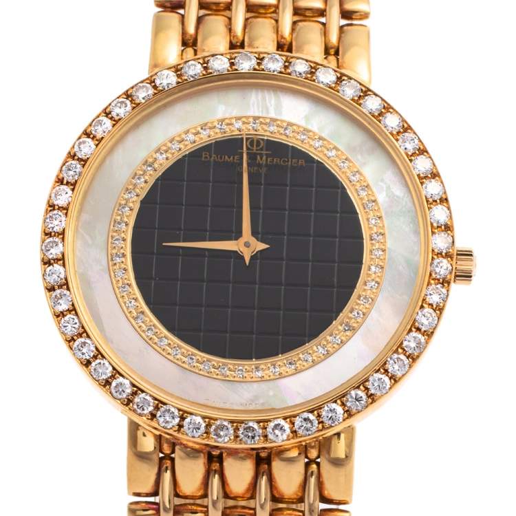 Pre Owned Baume & Mercier Mother Of Pearl 18k Yellow Gold Diamonds Classic 15156 988 Men's Wristwatch 32 mm