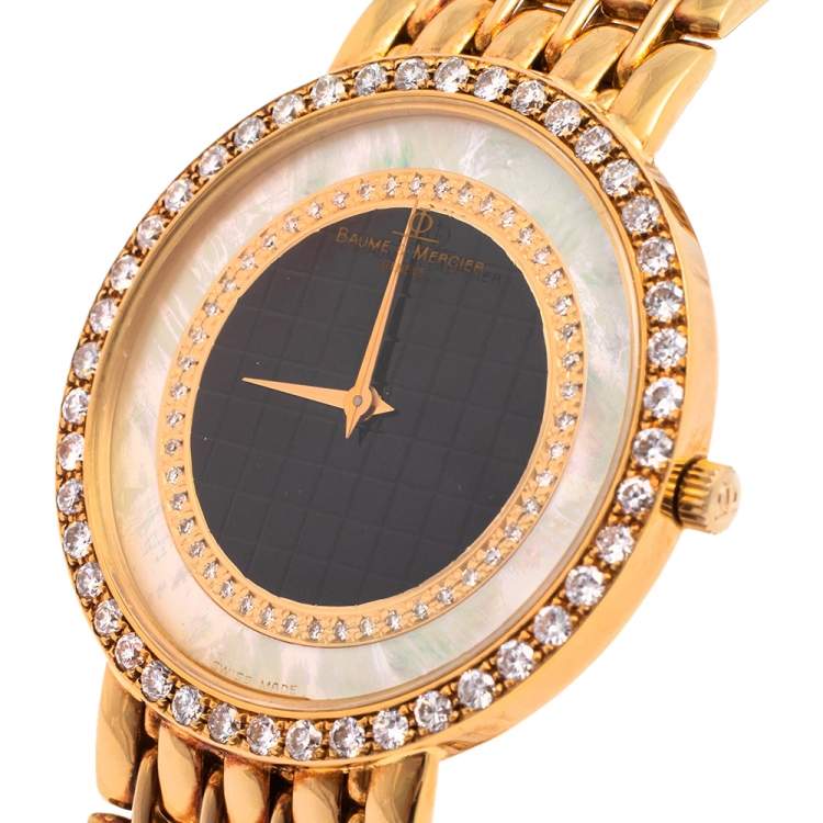 Pre Owned Baume & Mercier Mother Of Pearl 18k Yellow Gold Diamonds Classic 15156 988 Men's Wristwatch 32 mm
