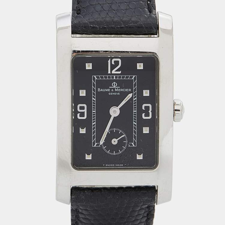 Pre Owned Baume & Mercier Black Stainless Steel Leather Hampton MV045063 Women's Wristwatch 24 mm