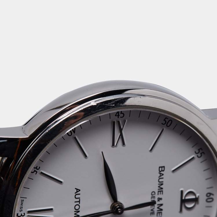 Pre Owned Baume & Mercier White Stainless Steel Alligator Leather Classima Executives 65554 Men's Wristwatch 39 mm