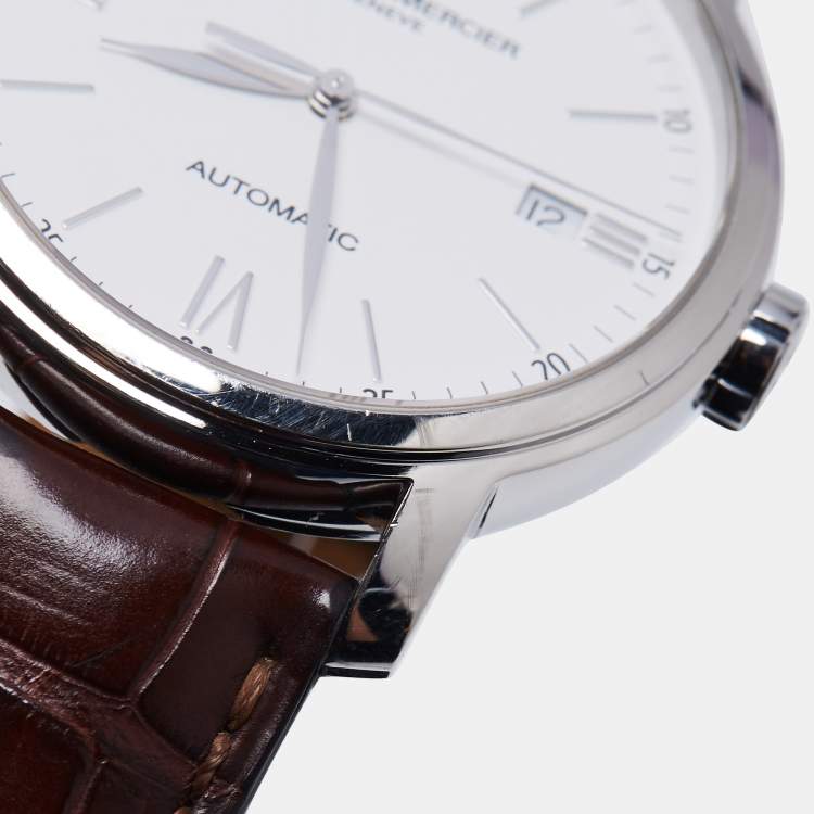 Pre Owned Baume & Mercier White Stainless Steel Alligator Leather Classima Executives 65554 Men's Wristwatch 39 mm