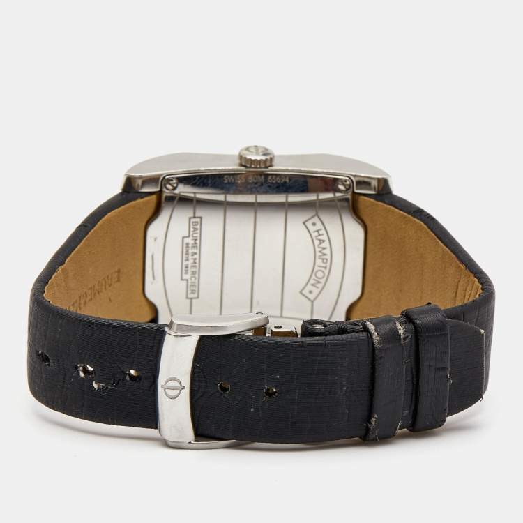 Pre Owned Baume & Mercier Grey Stainless Steel Leather Diamond Hampton 65694 Women's Wristwatch 27 mm