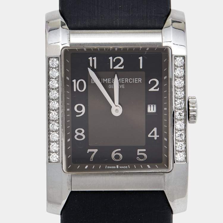 Pre Owned Baume & Mercier Grey Stainless Steel Leather Diamond Hampton 65694 Women's Wristwatch 27 mm