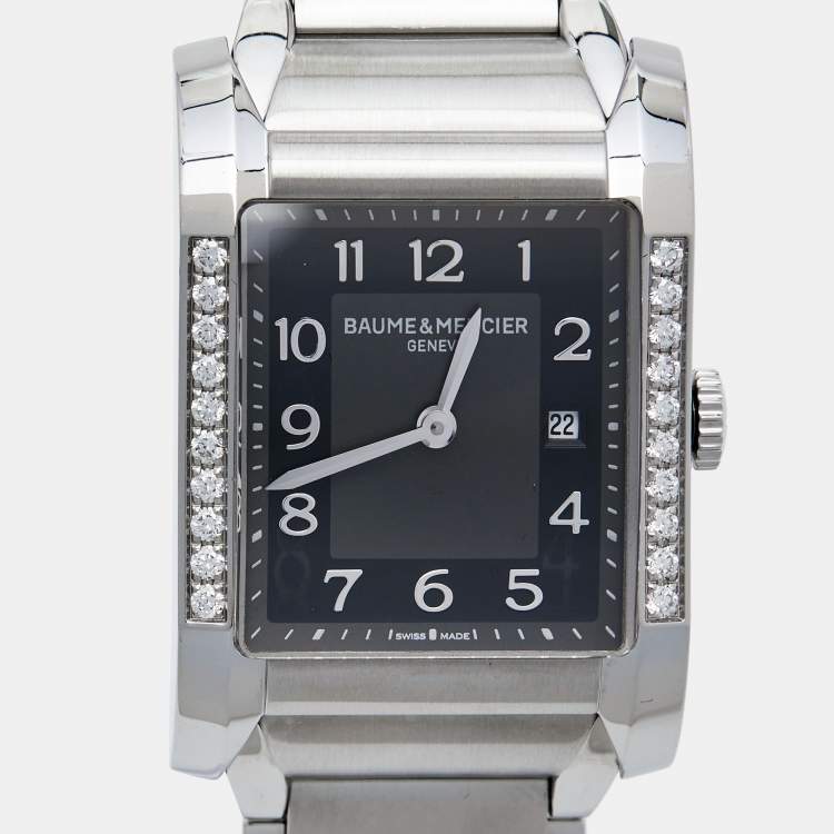 Pre Owned Baume & Mercier Black Stainless Steel Diamond Hampton 65694 Women's Wristwatch 27 mm