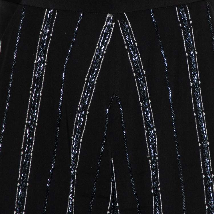 Pre Owned Bazza Alzouman Black Silk Sequin Embellished Open Back Wide Leg Jumpsuit L