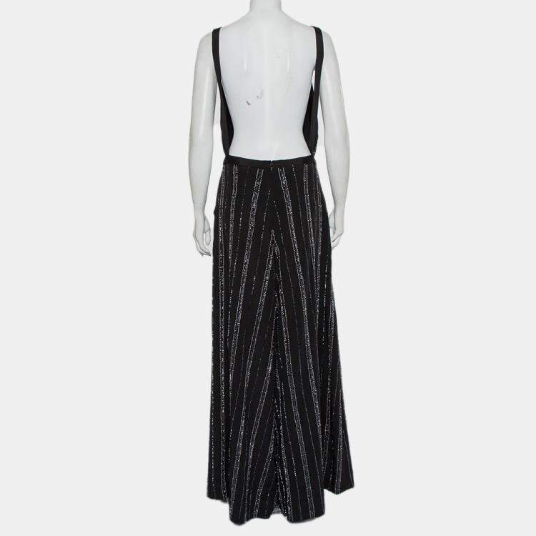 Pre Owned Bazza Alzouman Black Silk Sequin Embellished Open Back Wide Leg Jumpsuit L