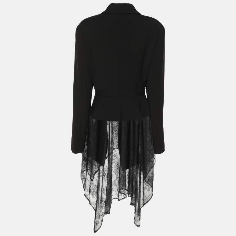 Pre Owned BCBGMAXAZRIA Black Crepe and Lace Hem Double Breasted Blazer L